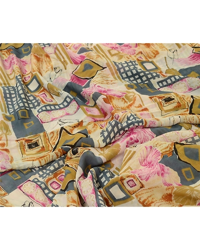 Sanskriti Vintage Cream Sarees Georgette Kalamkari Printed Sari Craft Fabric, PRG-12884-Cream-Printed Floral Design-Georgette-11