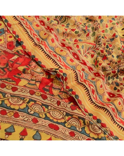 Sanskriti Vintage Cream Sarees Georgette Kalamkari Printed Sari Craft Fabric, PRG-12885-Cream-Printed Floral Design-Georgette-1