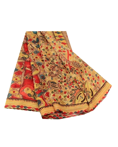 Sanskriti Vintage Cream Sarees Georgette Kalamkari Printed Sari Craft Fabric, PRG-12885-Cream-Printed Floral Design-Georgette-2
