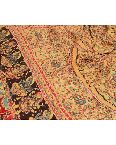 Sanskriti Vintage Cream Sarees Georgette Kalamkari Printed Sari Craft Fabric, PRG-12885-Cream-Printed Floral Design-Georgette-3