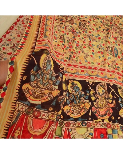 Sanskriti Vintage Cream Sarees Georgette Kalamkari Printed Sari Craft Fabric, PRG-12885-Cream-Printed Floral Design-Georgette-5