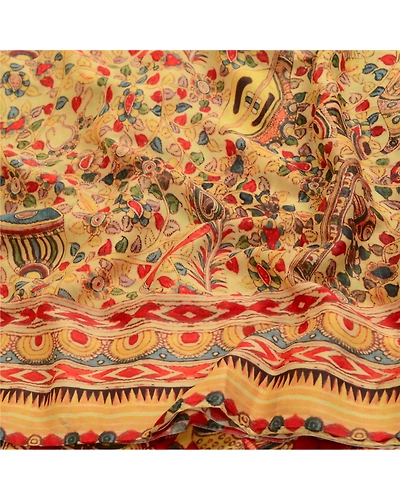 Sanskriti Vintage Cream Sarees Georgette Kalamkari Printed Sari Craft Fabric, PRG-12885-Cream-Printed Floral Design-Georgette-8