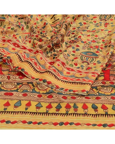 Sanskriti Vintage Cream Sarees Georgette Kalamkari Printed Sari Craft Fabric, PRG-12885-Cream-Printed Floral Design-Georgette-9