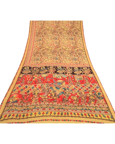 Sanskriti Vintage Cream Sarees Georgette Kalamkari Printed Sari Craft Fabric, PRG-12885-Cream-Printed Floral Design-Georgette-10