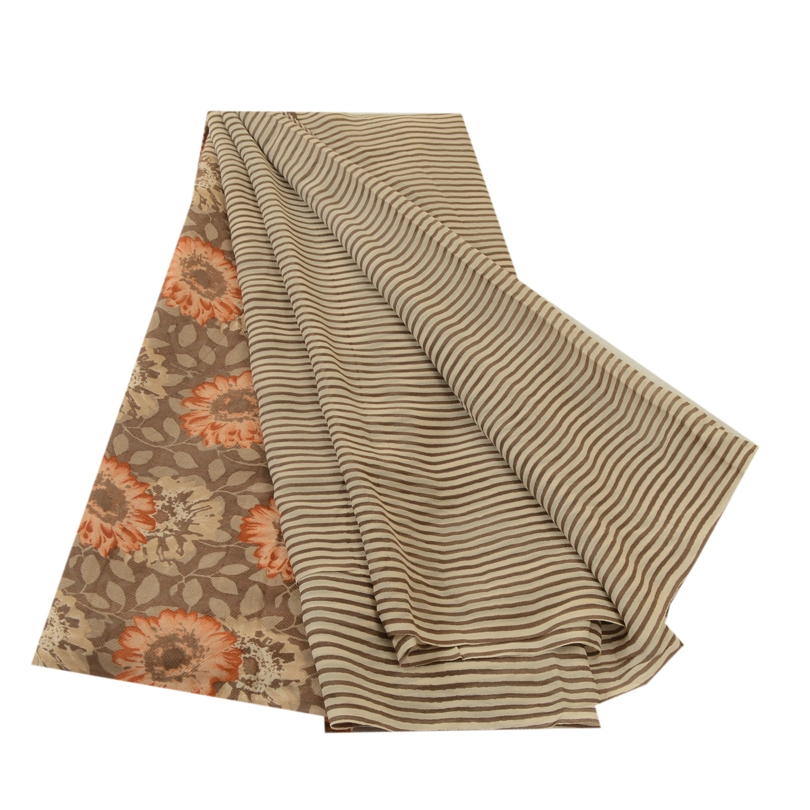 Sanskriti Vintage Brown/Cream Sarees Pure Georgette Silk Print Sari Craft Fabric, PRG-12886-Brown &amp; Cream-Printed Floral Design-Pure Georgette Silk-2