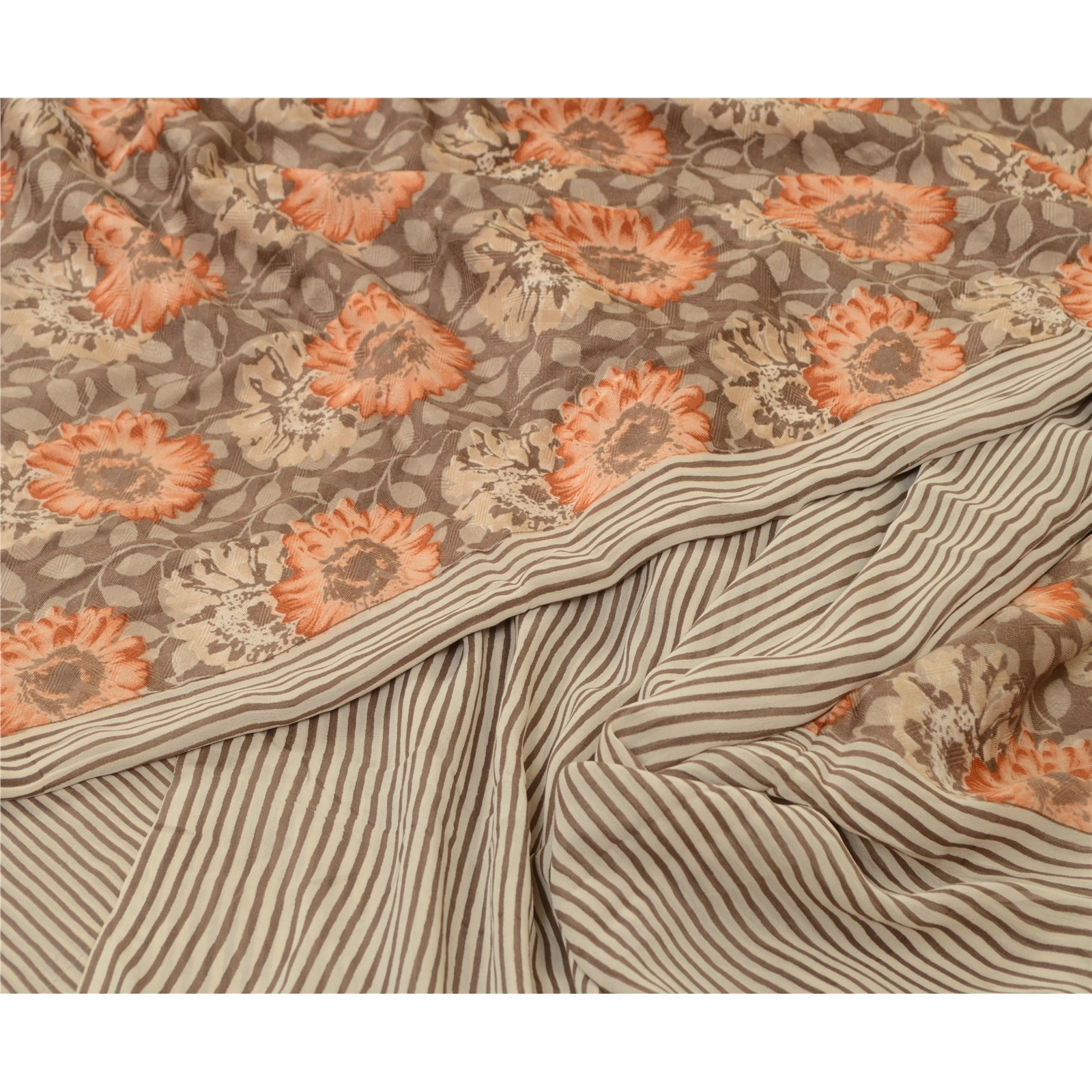 Sanskriti Vintage Brown/Cream Sarees Pure Georgette Silk Print Sari Craft Fabric, PRG-12886-Brown &amp; Cream-Printed Floral Design-Pure Georgette Silk-3