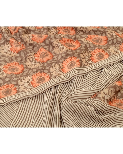 Sanskriti Vintage Brown/Cream Sarees Pure Georgette Silk Print Sari Craft Fabric, PRG-12886-Brown &amp; Cream-Printed Floral Design-Pure Georgette Silk-3