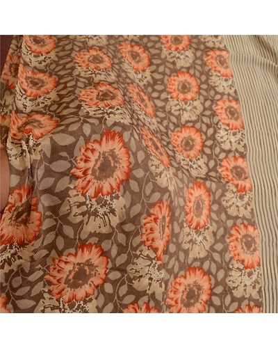 Sanskriti Vintage Brown/Cream Sarees Pure Georgette Silk Print Sari Craft Fabric, PRG-12886-Brown &amp; Cream-Printed Floral Design-Pure Georgette Silk-5