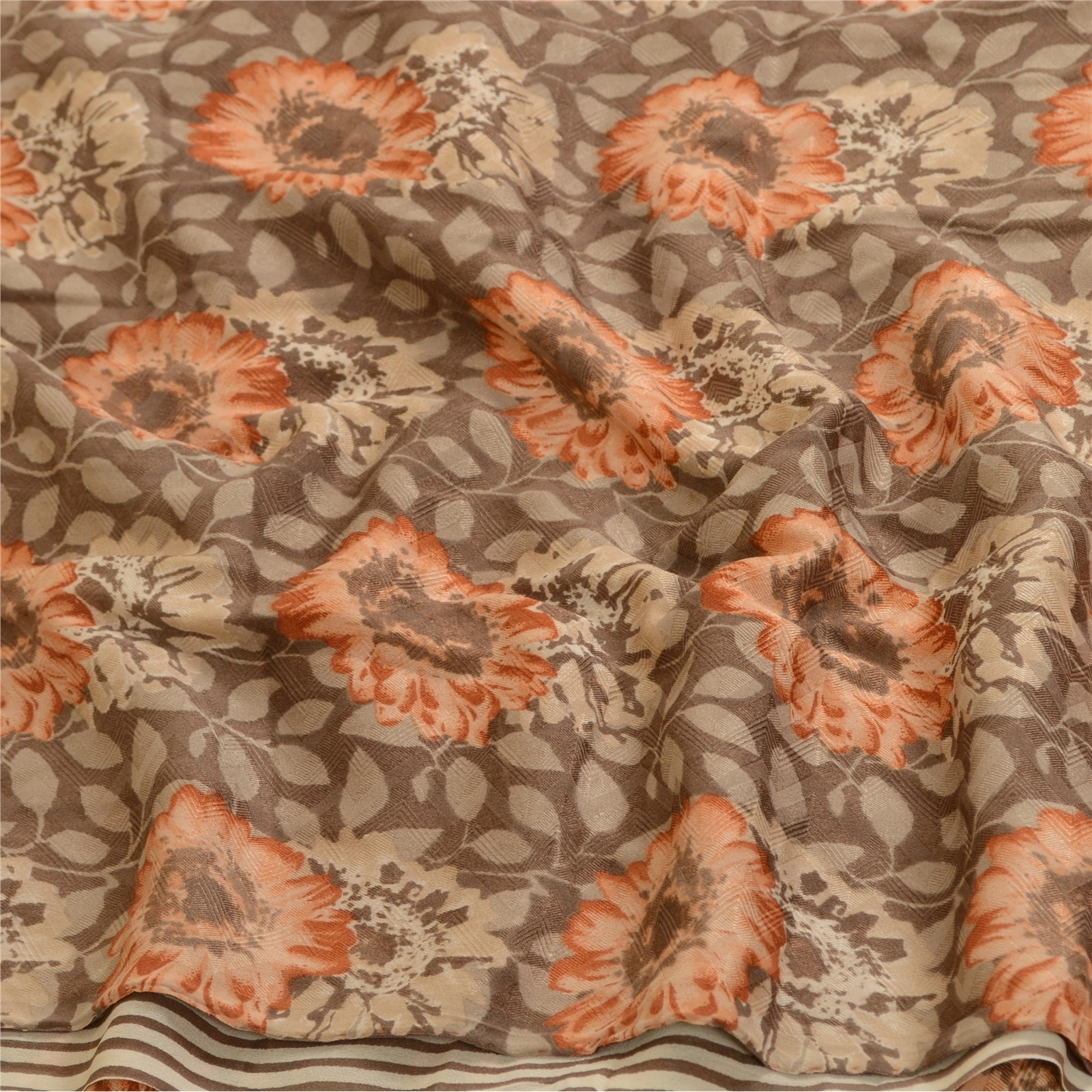 Sanskriti Vintage Brown/Cream Sarees Pure Georgette Silk Print Sari Craft Fabric, PRG-12886-Brown &amp; Cream-Printed Floral Design-Pure Georgette Silk-8