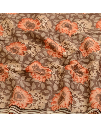 Sanskriti Vintage Brown/Cream Sarees Pure Georgette Silk Print Sari Craft Fabric, PRG-12886-Brown &amp; Cream-Printed Floral Design-Pure Georgette Silk-8
