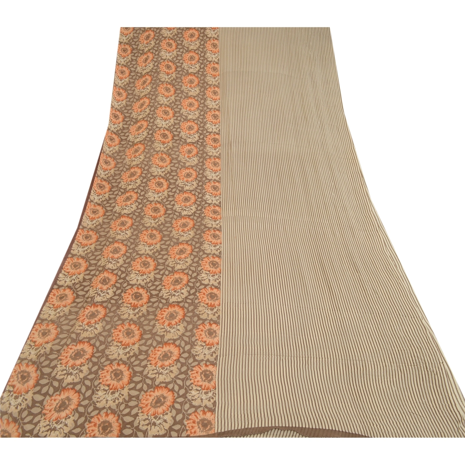 Sanskriti Vintage Brown/Cream Sarees Pure Georgette Silk Print Sari Craft Fabric, PRG-12886-Brown &amp; Cream-Printed Floral Design-Pure Georgette Silk-10