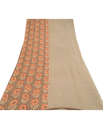 Sanskriti Vintage Brown/Cream Sarees Pure Georgette Silk Print Sari Craft Fabric, PRG-12886-Brown &amp; Cream-Printed Floral Design-Pure Georgette Silk-10