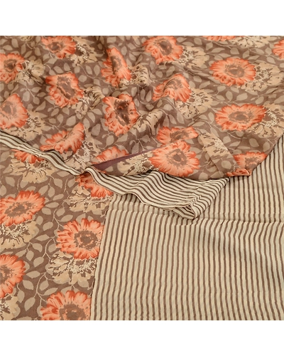 Sanskriti Vintage Brown/Cream Sarees Pure Georgette Silk Print Sari Craft Fabric, PRG-12886-Brown &amp; Cream-Printed Floral Design-Pure Georgette Silk-12