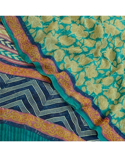 Sanskriti Vintage Green Sarees Pure Georgette Silk Printed Sari Craft Fabric, PRG-12892-Green-Printed Floral Design-Pure Georgette Silk-1
