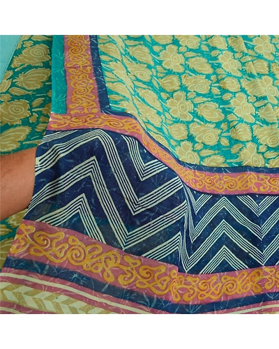 Sanskriti Vintage Green Sarees Pure Georgette Silk Printed Sari Craft Fabric, PRG-12892-Green-Printed Floral Design-Pure Georgette Silk-6
