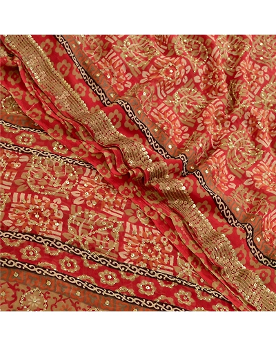 Sanskriti Vintage Sarees Red Hand Beaded Pure Georgette Silk Sari Craft Fabric, PRG-12899-Red-Printed Floral Design-Pure Georgette Silk-1