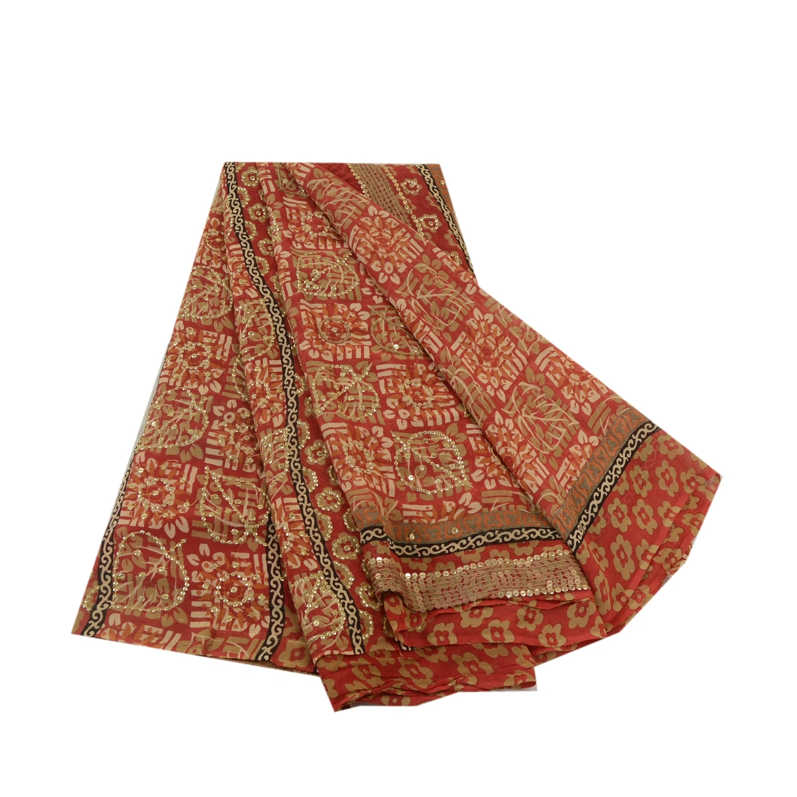 Sanskriti Vintage Sarees Red Hand Beaded Pure Georgette Silk Sari Craft Fabric, PRG-12899-Red-Printed Floral Design-Pure Georgette Silk-2