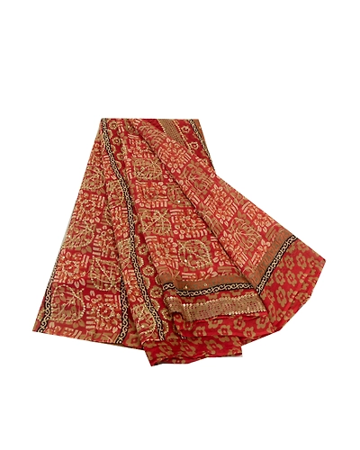 Sanskriti Vintage Sarees Red Hand Beaded Pure Georgette Silk Sari Craft Fabric, PRG-12899-Red-Printed Floral Design-Pure Georgette Silk-2