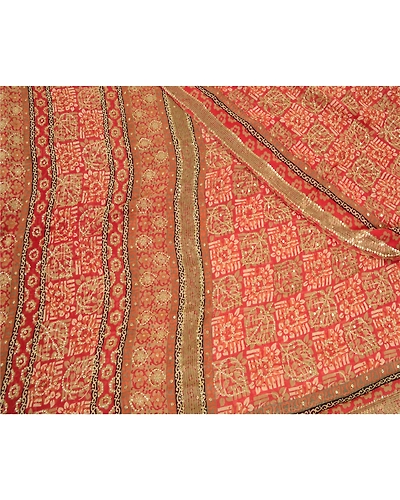 Sanskriti Vintage Sarees Red Hand Beaded Pure Georgette Silk Sari Craft Fabric, PRG-12899-Red-Printed Floral Design-Pure Georgette Silk-3