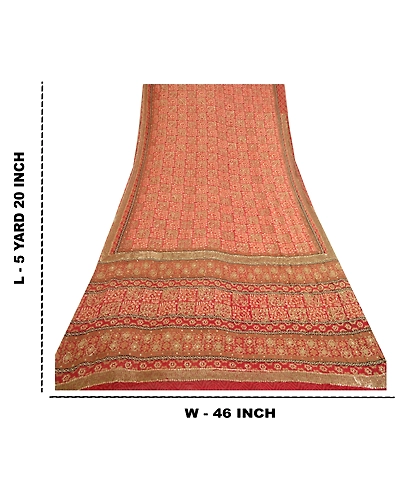 Sanskriti Vintage Sarees Red Hand Beaded Pure Georgette Silk Sari Craft Fabric, PRG-12899-Red-Printed Floral Design-Pure Georgette Silk-4