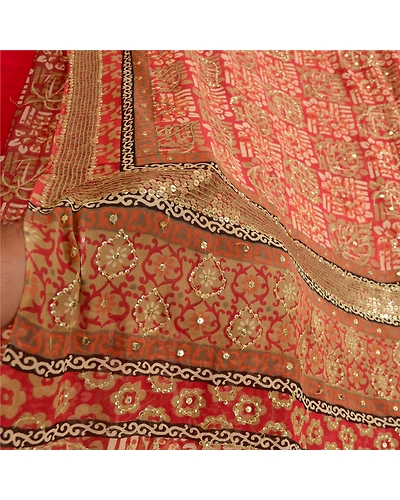 Sanskriti Vintage Sarees Red Hand Beaded Pure Georgette Silk Sari Craft Fabric, PRG-12899-Red-Printed Floral Design-Pure Georgette Silk-5