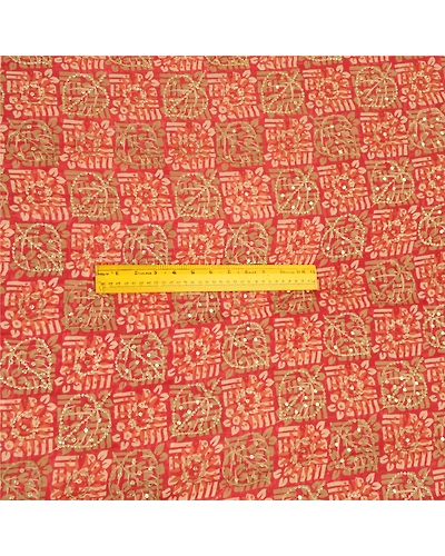 Sanskriti Vintage Sarees Red Hand Beaded Pure Georgette Silk Sari Craft Fabric, PRG-12899-Red-Printed Floral Design-Pure Georgette Silk-7
