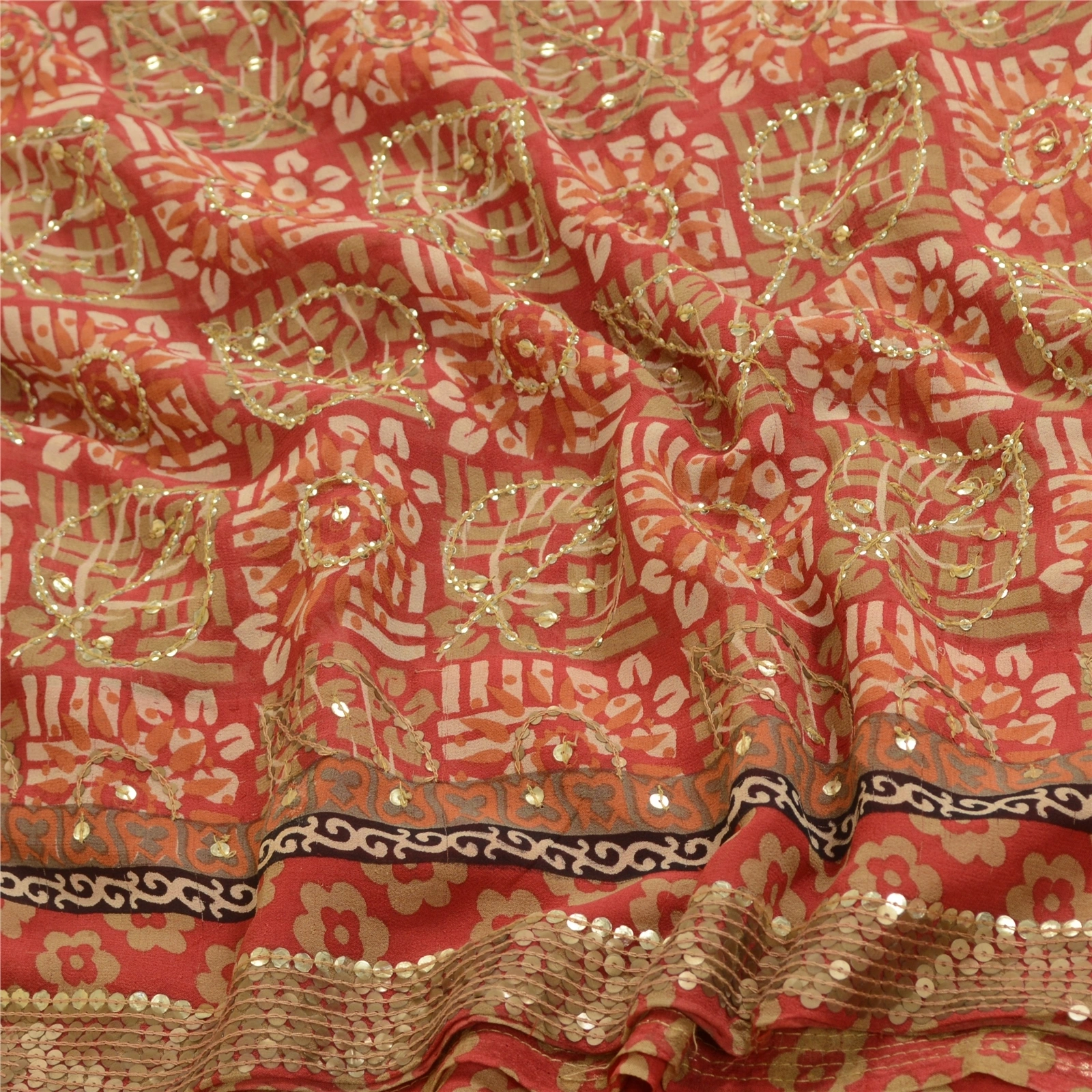 Sanskriti Vintage Sarees Red Hand Beaded Pure Georgette Silk Sari Craft Fabric, PRG-12899-Red-Printed Floral Design-Pure Georgette Silk-8