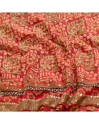 Sanskriti Vintage Sarees Red Hand Beaded Pure Georgette Silk Sari Craft Fabric, PRG-12899-Red-Printed Floral Design-Pure Georgette Silk-8