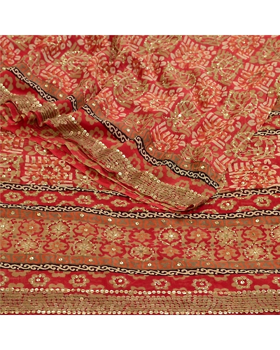 Sanskriti Vintage Sarees Red Hand Beaded Pure Georgette Silk Sari Craft Fabric, PRG-12899-Red-Printed Floral Design-Pure Georgette Silk-9
