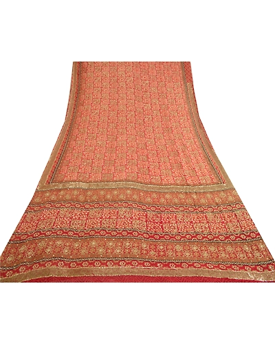Sanskriti Vintage Sarees Red Hand Beaded Pure Georgette Silk Sari Craft Fabric, PRG-12899-Red-Printed Floral Design-Pure Georgette Silk-10