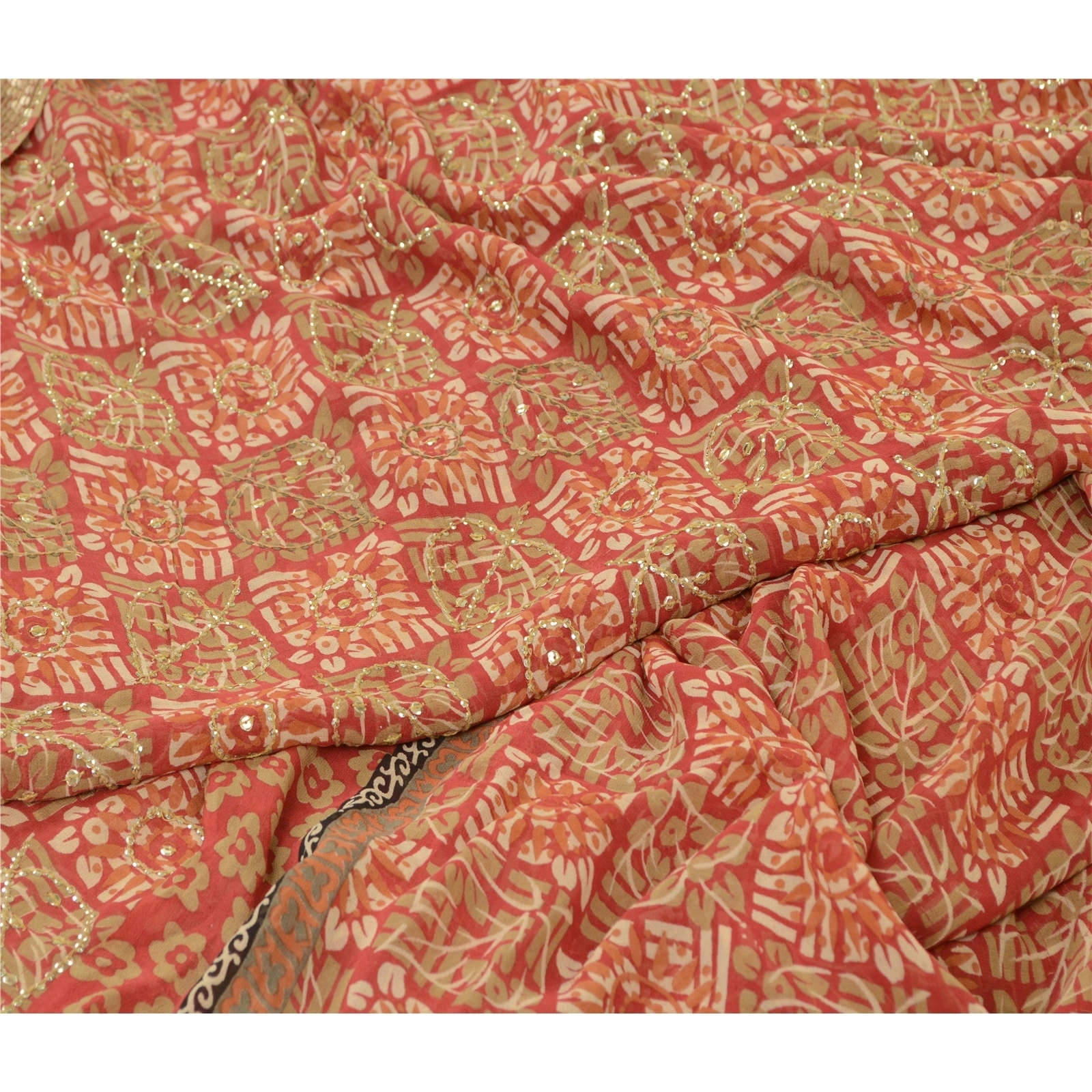 Sanskriti Vintage Sarees Red Hand Beaded Pure Georgette Silk Sari Craft Fabric, PRG-12899-Red-Printed Floral Design-Pure Georgette Silk-11