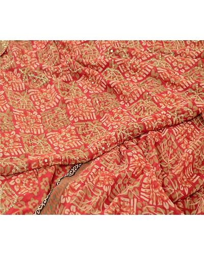 Sanskriti Vintage Sarees Red Hand Beaded Pure Georgette Silk Sari Craft Fabric, PRG-12899-Red-Printed Floral Design-Pure Georgette Silk-11