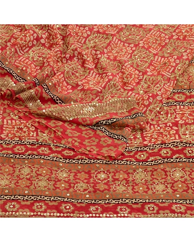 Sanskriti Vintage Sarees Red Hand Beaded Pure Georgette Silk Sari Craft Fabric, PRG-12899-Red-Printed Floral Design-Pure Georgette Silk-12