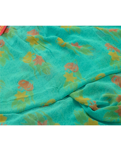 Sanskriti Vintage Sarees Indian Blue Pure Georgette Silk Print Sari Craft Fabric, PRG-12901-Blue-Printed Floral Design-Pure Georgette Silk-4