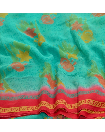 Sanskriti Vintage Sarees Indian Blue Pure Georgette Silk Print Sari Craft Fabric, PRG-12901-Blue-Printed Floral Design-Pure Georgette Silk-9