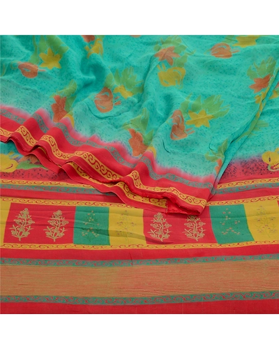 Sanskriti Vintage Sarees Indian Blue Pure Georgette Silk Print Sari Craft Fabric, PRG-12901-Blue-Printed Floral Design-Pure Georgette Silk-10