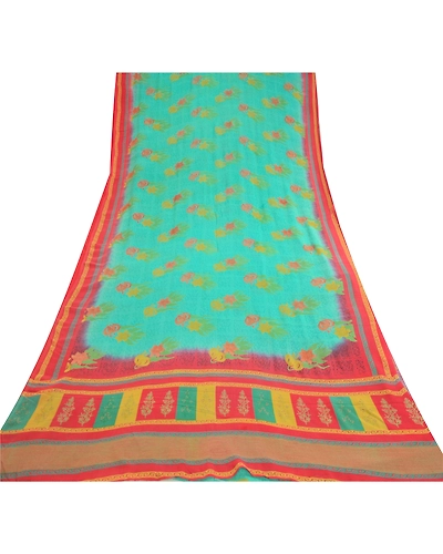 Sanskriti Vintage Sarees Indian Blue Pure Georgette Silk Print Sari Craft Fabric, PRG-12901-Blue-Printed Floral Design-Pure Georgette Silk-11