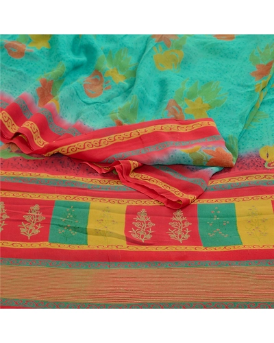 Sanskriti Vintage Sarees Indian Blue Pure Georgette Silk Print Sari Craft Fabric, PRG-12901-Blue-Printed Floral Design-Pure Georgette Silk-13