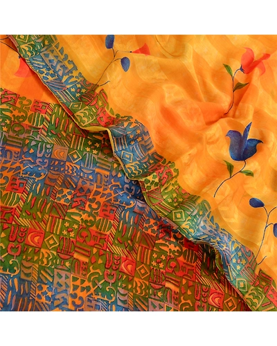 Sanskriti Vintage Sarees Orange Pure Georgette Silk Sari Printed Craft Fabric, PRG-12939-Orange-Printed Floral Design-Pure Georgette Silk-1