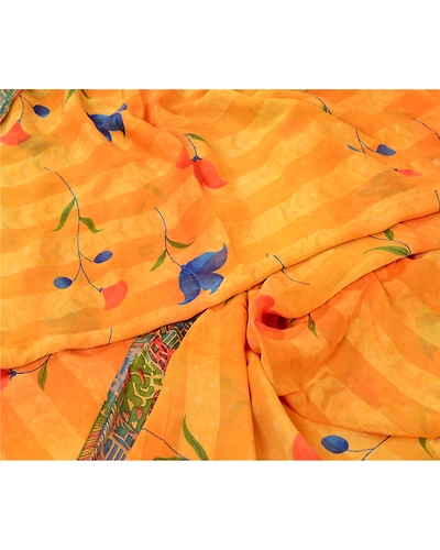 Sanskriti Vintage Sarees Orange Pure Georgette Silk Sari Printed Craft Fabric, PRG-12939-Orange-Printed Floral Design-Pure Georgette Silk-4