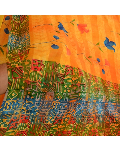 Sanskriti Vintage Sarees Orange Pure Georgette Silk Sari Printed Craft Fabric, PRG-12939-Orange-Printed Floral Design-Pure Georgette Silk-6