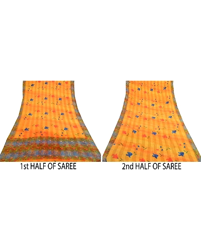 Sanskriti Vintage Sarees Orange Pure Georgette Silk Sari Printed Craft Fabric, PRG-12939-Orange-Printed Floral Design-Pure Georgette Silk-7