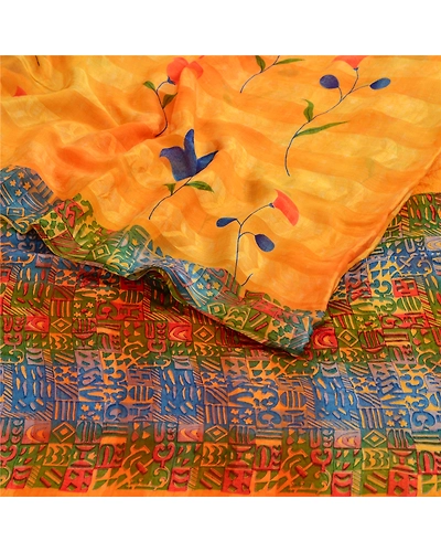 Sanskriti Vintage Sarees Orange Pure Georgette Silk Sari Printed Craft Fabric, PRG-12939-Orange-Printed Floral Design-Pure Georgette Silk-10
