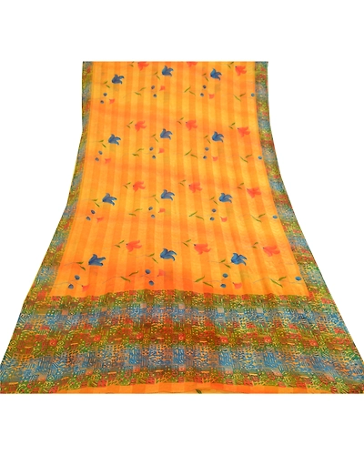 Sanskriti Vintage Sarees Orange Pure Georgette Silk Sari Printed Craft Fabric, PRG-12939-Orange-Printed Floral Design-Pure Georgette Silk-11