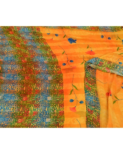 Sanskriti Vintage Sarees Orange Pure Georgette Silk Sari Printed Craft Fabric, PRG-12939-Orange-Printed Floral Design-Pure Georgette Silk-12