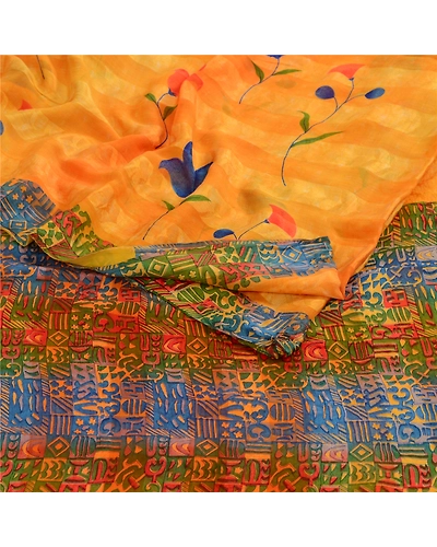 Sanskriti Vintage Sarees Orange Pure Georgette Silk Sari Printed Craft Fabric, PRG-12939-Orange-Printed Floral Design-Pure Georgette Silk-13