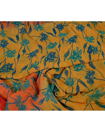 Sanskriti Vintage Sarees Yellow Pure Georgette Silk Printed Sari Craft Fabric, PRG-12956-Yellow-Printed Floral Design-Pure Georgette Silk-4