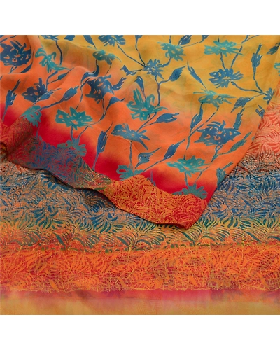 Sanskriti Vintage Sarees Yellow Pure Georgette Silk Printed Sari Craft Fabric, PRG-12956-Yellow-Printed Floral Design-Pure Georgette Silk-10