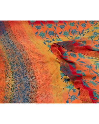 Sanskriti Vintage Sarees Yellow Pure Georgette Silk Printed Sari Craft Fabric, PRG-12956-Yellow-Printed Floral Design-Pure Georgette Silk-12
