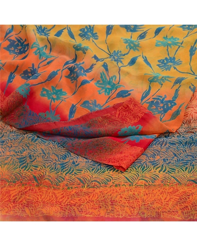 Sanskriti Vintage Sarees Yellow Pure Georgette Silk Printed Sari Craft Fabric, PRG-12956-Yellow-Printed Floral Design-Pure Georgette Silk-13